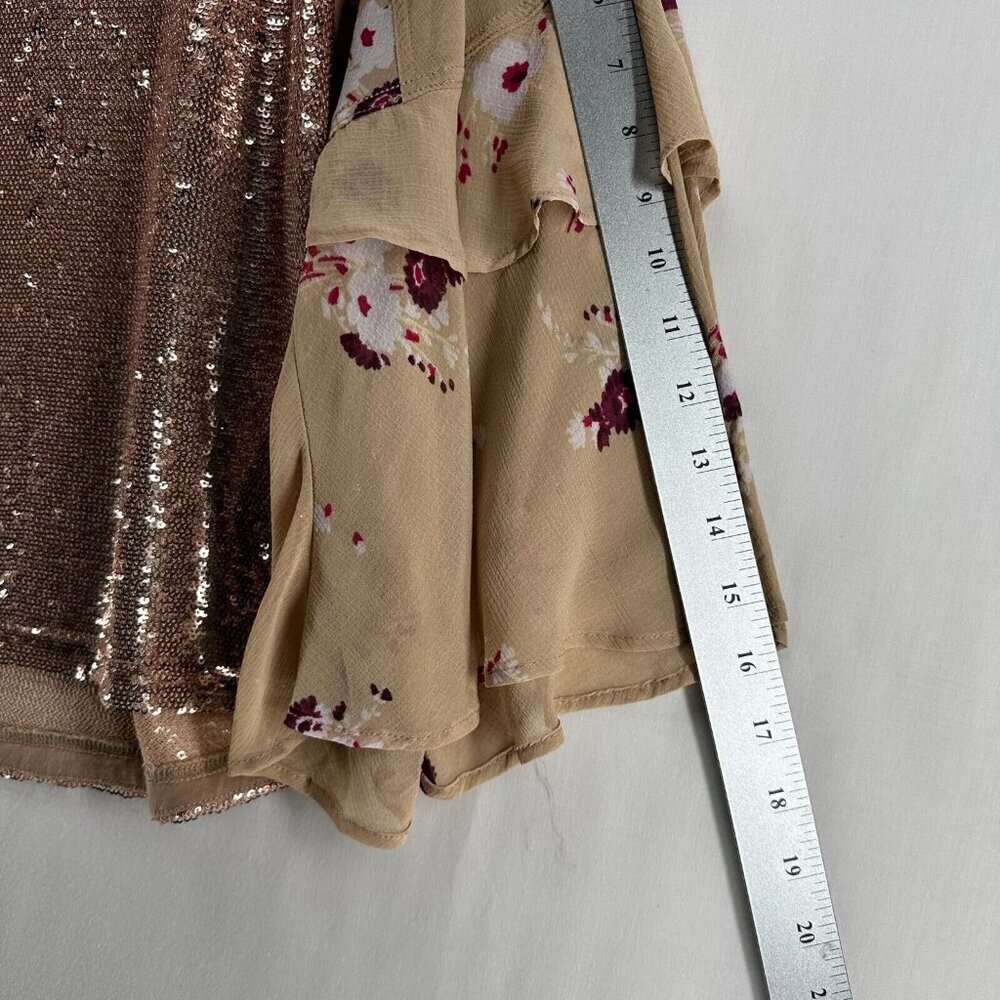 Free People Top Size S Shimmy & Shake Sequin Floral Tiered Bell Sleeve Brown - Picture 11 of 12